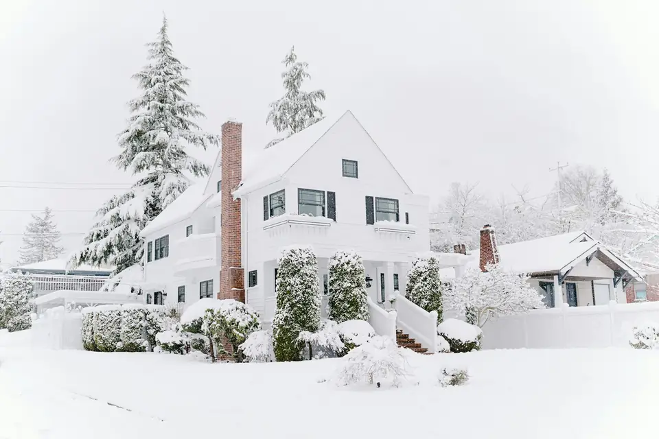 Two-story house and evergreens under fresh snow, the season when garage floors can't be coated (stock photo)